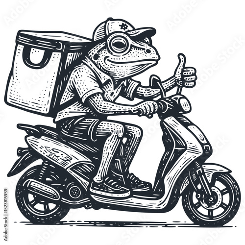 Cool frog delivery courier on a scooter with a thermal bag, giving a thumbs up. Mascot character in a vintage linocut vector style. Fast service concept.
