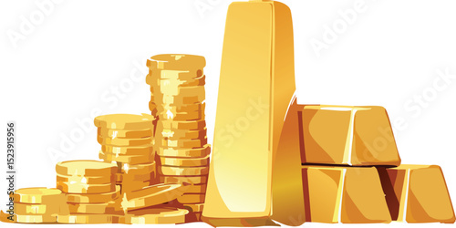 Business success, finance, wealth, banking and stock exchange market investment concept: group of gold ingots or bullions and stacks of golden coins isolated on a white background with stacks of bars