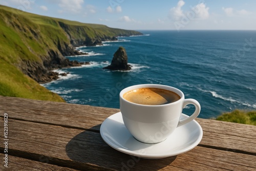 Coffee cup on rustic table with Irish coastal view in background. AI-generated.