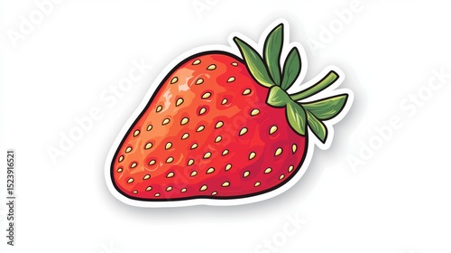 A cute, bright red strawberry sticker with a thin black outline, no background, high resolution, smooth finish, soft rounded edges, simple and clean design, slightly puffy appearance, perfect for prin