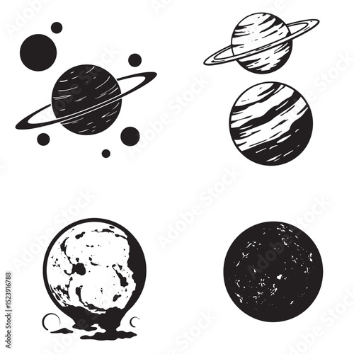 Hand drawn silhouettes of celestial bodies featuring planets with rings and textured spheres