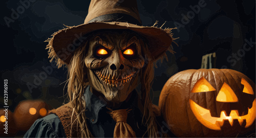 A scarecrow wearing a hat with glowing eyes, standing in a field at dusk, creating an eerie atmosphere.  