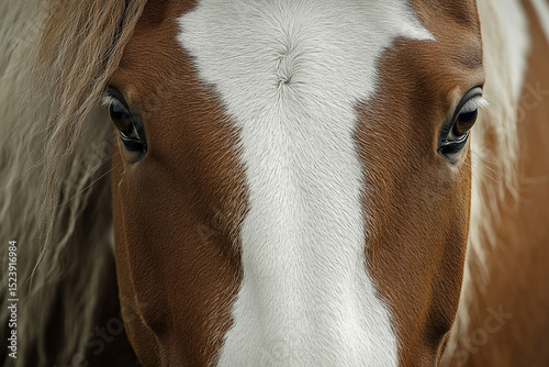Close-up of horse with brown and white coat, detailed focus on eyes and textured fur