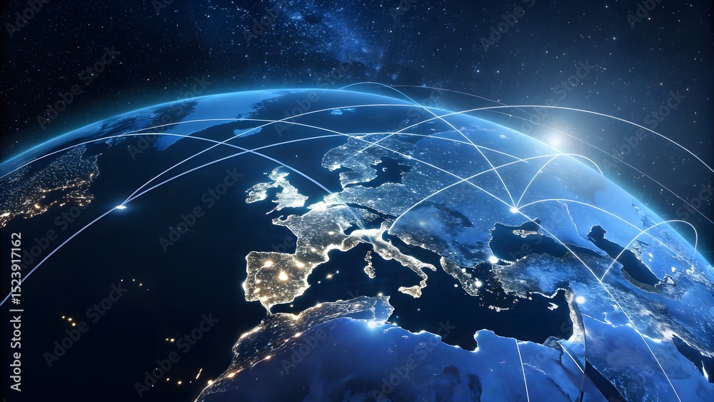 Fototapeta premium Earth from Space at Night with Global Network Connections and Glowing City Lights