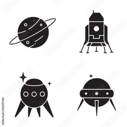 Vector silhouettes of space exploration elements including planet saturn space shuttle and flying saucers in a minimalist style
