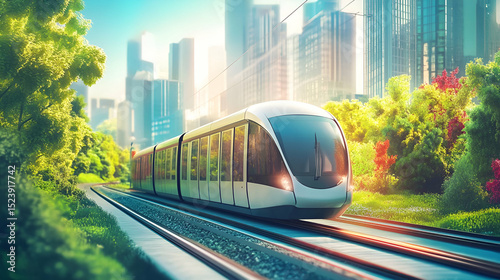 Modern Light Rail In Urban Park