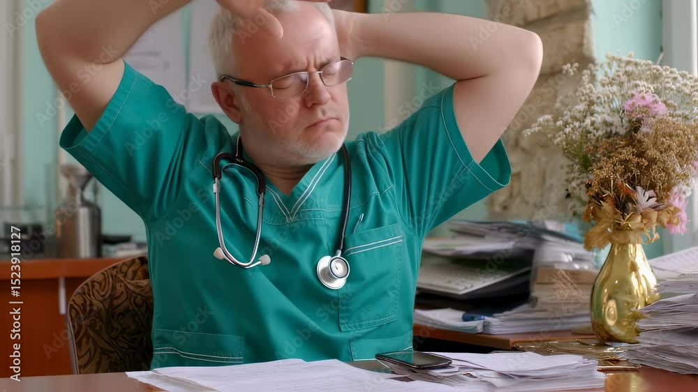 A man, a medical worker, is asleep on his desk in a clinic. Concept: exhaustion and overwork in healthcare, showing fatigue, footage.