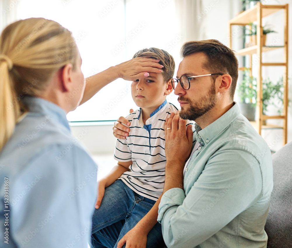 Fototapeta premium Young father with little son child do checkup examination at pediatrician in clinic. Healthcare concept. Woman doctor hold stethoscope listen to boy patient heart chest in hospital.