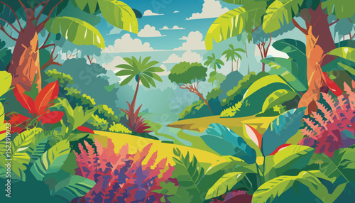Realistic Illustration of Various Tropical Rainforest Vegetation and Plant Species