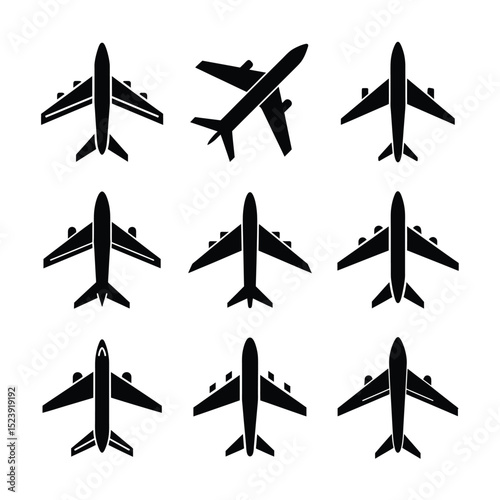 Airplane Silhouette Top View Icon Set