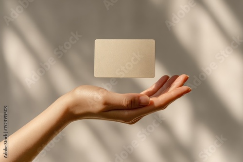 A hand holds a credit card that appears to float above it, set against a background with soft shadows