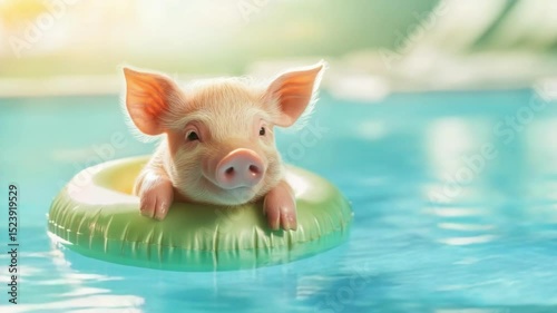 Wallpaper Mural Adorable piglet in green inflatable swim ring relaxing and smiling in crystal clear blue water of swimming pool on sunny day. Summer vacation animal portrait for children book. Torontodigital.ca
