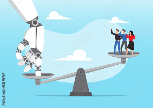 a robotic hand and a group of humans on opposite sides of a seesaw scale