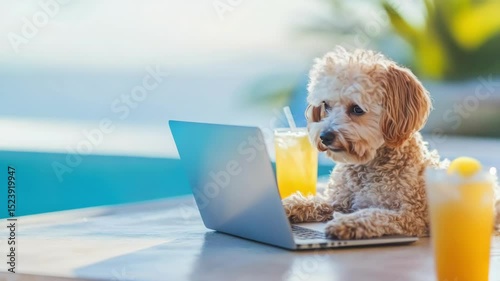 A dog sits at table with laptop and drink, looking at the camera. Adorable animal working remotely by the pool. Funny pet with computer for leisure or business concept image.