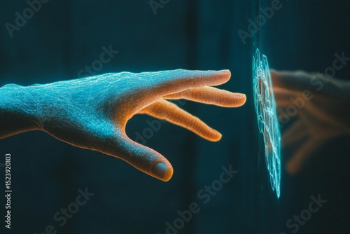 Abstract representation of human hand with glowing digital connections, futuristic technology and artificial intelligence concept