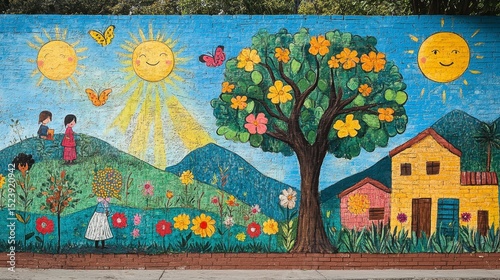 Fototapeta Naklejka Na Ścianę i Meble -  Colorful Mural Depicting Nature, Sunshine, and Joyful Community Scenes