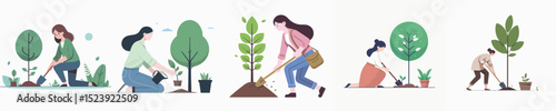 vector of a woman planting a tree