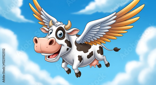 A whimsical illustration of a flying cow soaring through the clouds, displaying vibrant wings and a joyful expression.