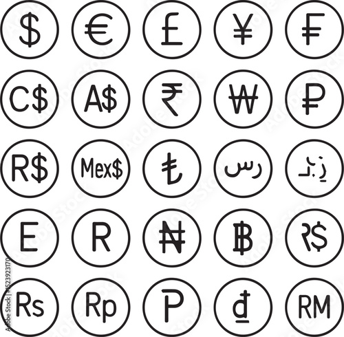 International currency symbol icons collection. currency signs round outline vector illustration. Please generate all country currency icons set