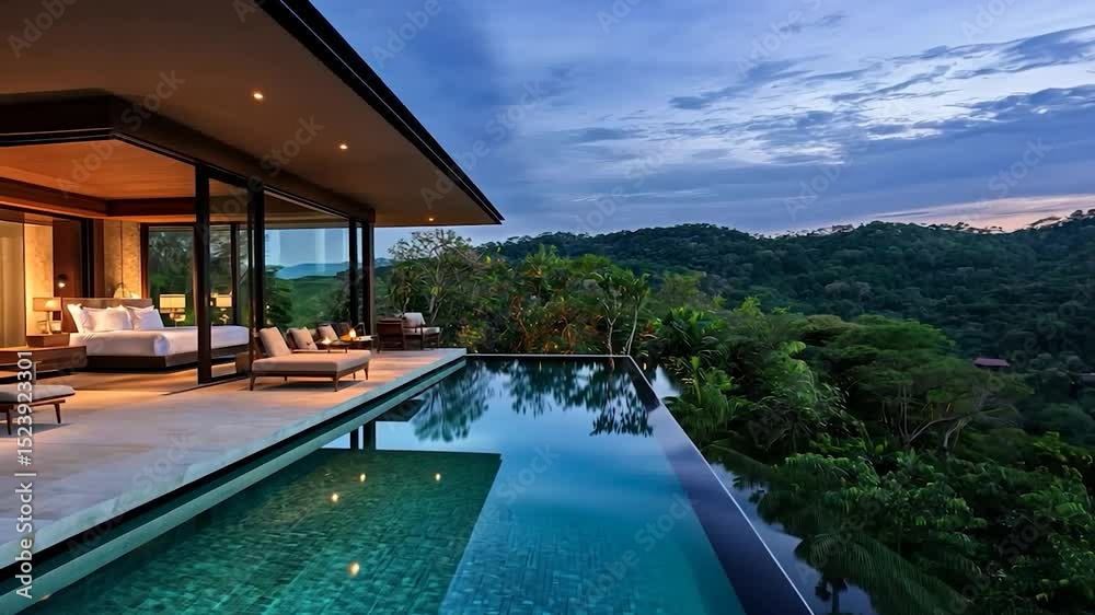 Luxurious modern home with infinity pool overlooking lush mountains.