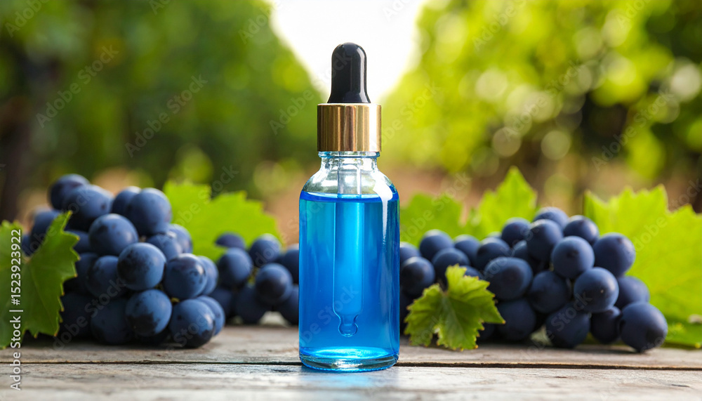 Fototapeta premium Blue liquid in glass dropper bottle surrounded by fresh dark grapes and green leaves on wooden surface with blurred natural background, evoking freshness and nature