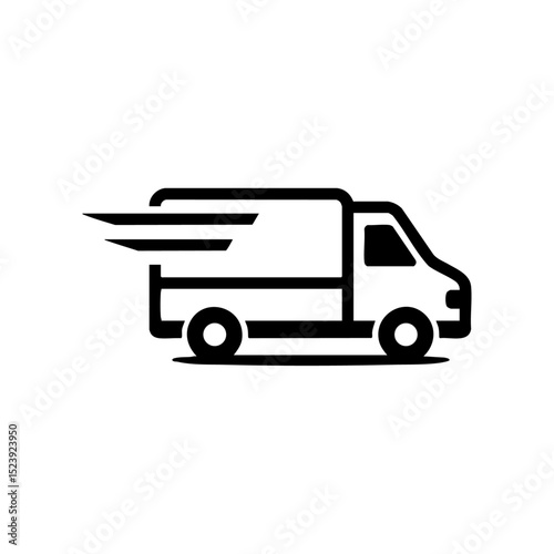 Minimalist black delivery van icon with dynamic motion lines.

