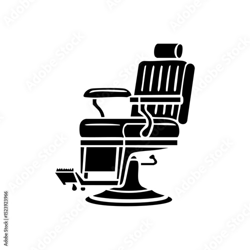 Vintage barber chair icon in black minimalist style with straight razor for grooming and barbershop branding.

