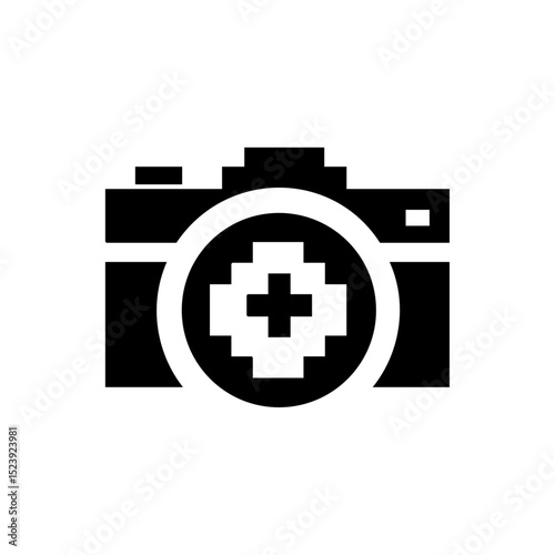 Vector logo of a camera lens with a pixelated cross inside, symbolizing photo editing.


