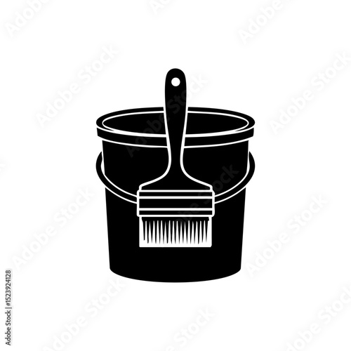 Detailed black vector of a paint bucket with a brush, great for construction, interior design, or DIY content.

