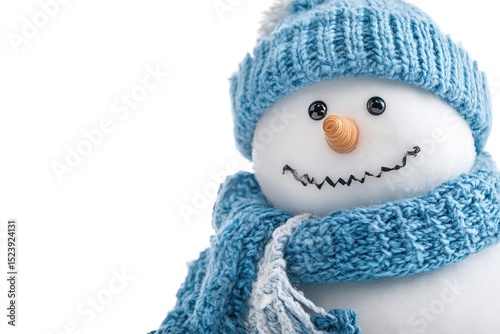 Ultra Quality Picture of Snowman with Blue Hat and Scarf Isolated on White Background,