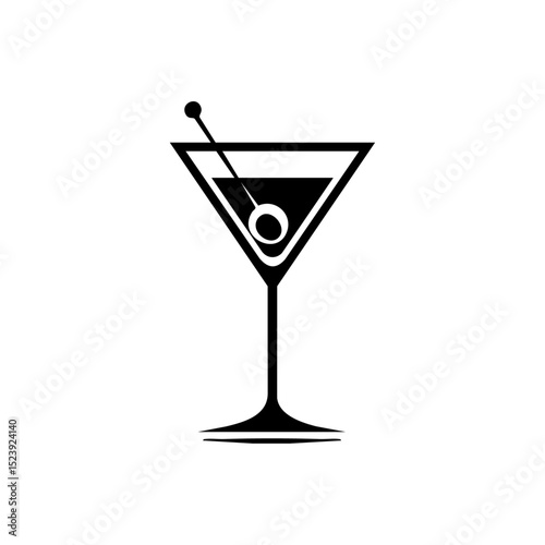 Black minimalist martini glass with olive for bar, cocktail, or nightlife branding.

