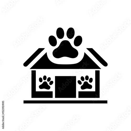 Vector image of a pet store building with large paw logo, symbolizing pet adoption and retail.

