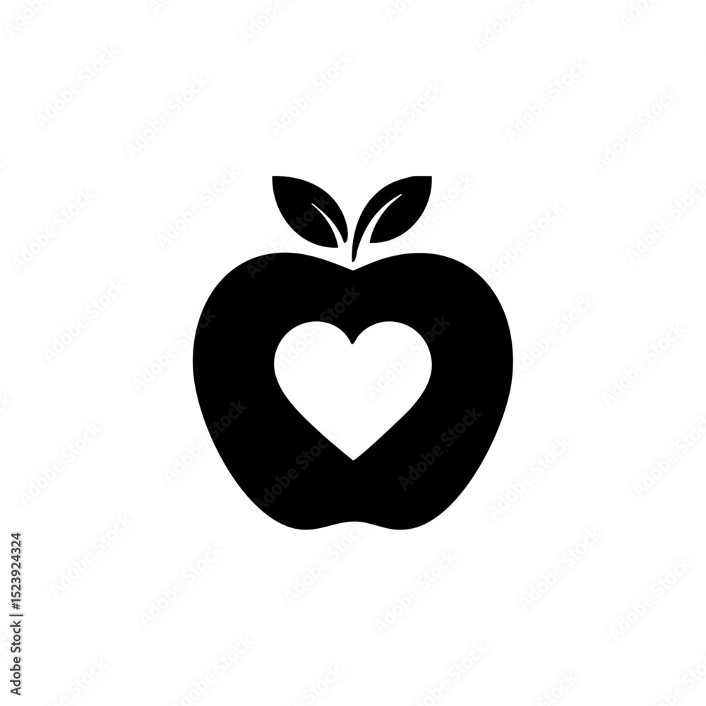 Fototapeta premium Minimalist vector icon of an apple with a heart core, symbolizing healthy eating and wellness.