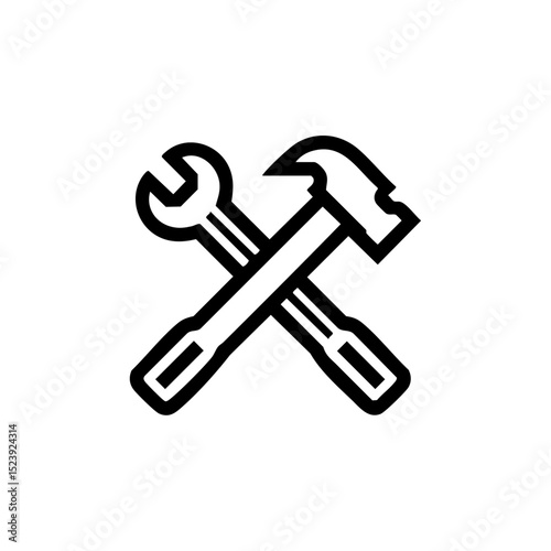 Vector logo of a wrench and hammer crossed in minimalist black line style, symbolizing tools and repair.

