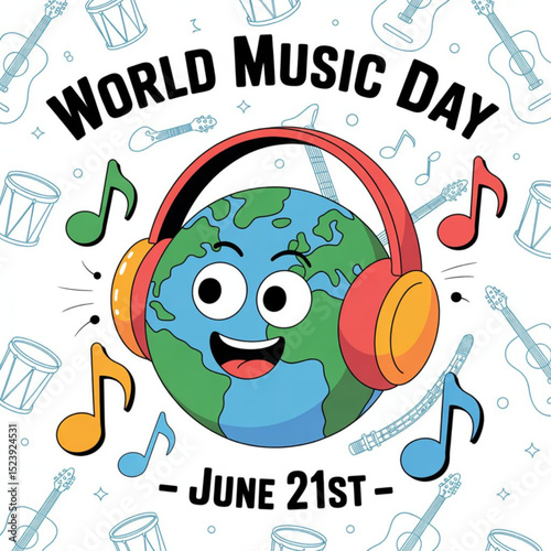 World Music Day in  June 21 vector illustration, planet Earth in headphones and musical notes. Vector illustrator on white background.