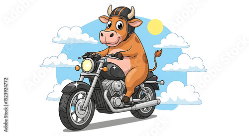 Happy Cow Riding a Motorcycle Cartoon Illustration