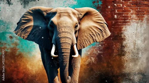 Слон, неподвижно стоящий на фоне стены в стиле гранж, на которую падают белые сияющие искры. Концептуальные кадры о силе диких животных и природе.