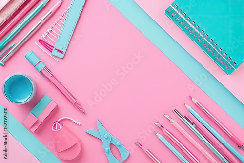 A Flat Lay of Pink and Blue Office Supplies on a Pink and Blue Striped Background