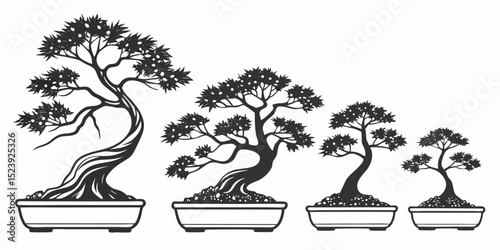 Serene Bonsai Trees Flat-Vector Illustration of Four Miniature Trees in Pots - A Symbol of Patience and Harmony
