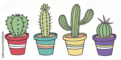 Colorful Vector Graphic of 5 Mini Cactus Species A Delightful Potted Plant Illustration