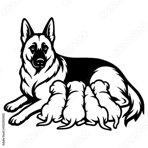 Vector illustration of a German Shepherd mother nursing puppies, protective dog family line art in black and white
