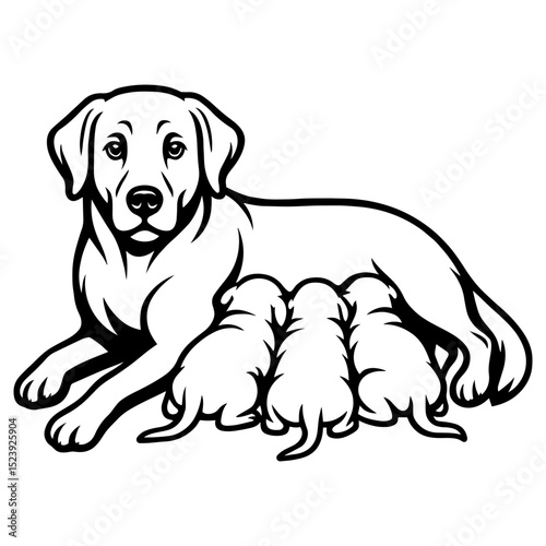 Vector illustration of a Labrador dog mom lying with her puppies, bold line style, black and white