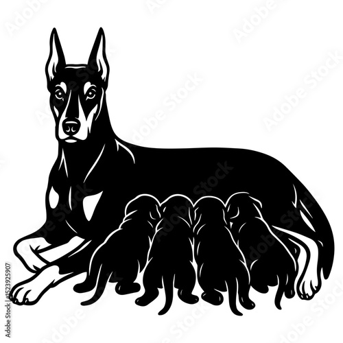 Vector illustration of a Doberman dog mom with puppies, bold contrast line art, black and white style