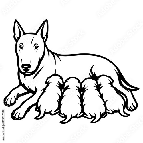 Vector image of bull terrier dog mom with four puppies, bold black and white outline design