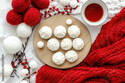 high quality picture of top view dumplings on wooden board