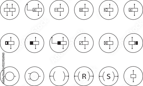 Set of circular electric switch and relay coil symbols used in technical diagrams and schematics, ideal for engineers and circuit design documentation.