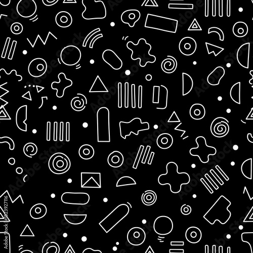 Seamless Black and White Vector Doodle Pattern with Abstract Geometric Shapes