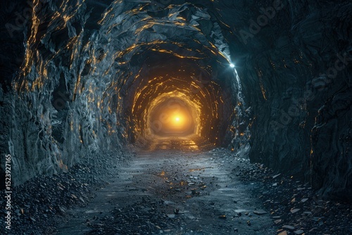 Dark Tunnel with Glowing Light Illuminated, 3D RenderingHigh Detail, 8K