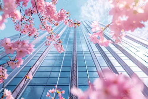 Sharp Image of Cherry Blossoms Under a Glass Skyscraper, Spring Office Concept