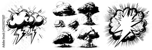Modern thunderstorm bolts and cartoon blue lightning thunder and storm thunderbolt strike, accompanied by cartoon electric flash effects and lightning sparks background with energy charge or anime